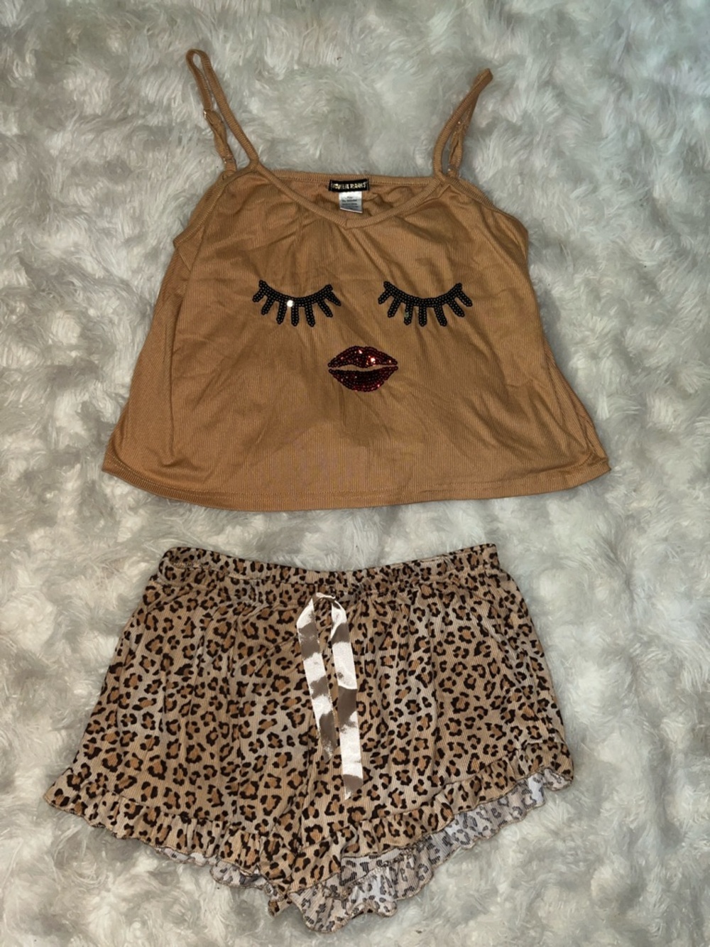 Sequin Face Cami & Leopard Shorts Pajama Set - Tan